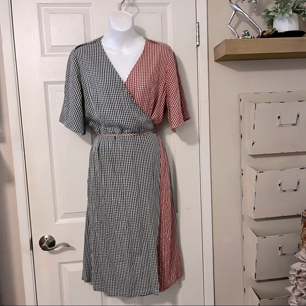 Roolee Anthropologie Gingham Check Red White Blue Color Block Wrap Dress…